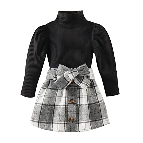 KAGAYD Toddler Kids Girl Fall Winter Clothes Turtleneck Knit Pullover Sweater Plaid Button Mini Skirts Set