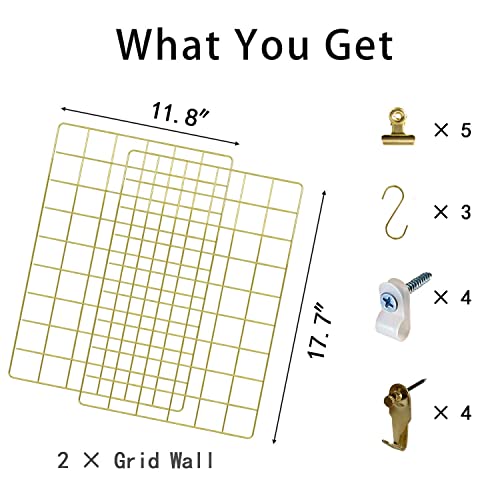 Friade Wall Grid Panel For Photo Display,Wall Storage Organizer,5 Metal Clips & 3 S Hooks & 4 Nails & 4 Plastic Hanging Buckles And 4 Screws Offered,Size 17.5" X 11.8",2 Pack(Gold) #TOP1