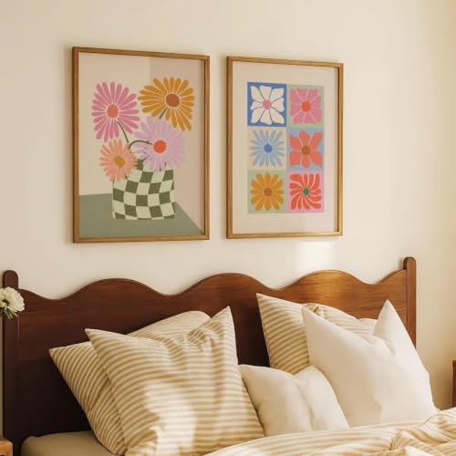 AMOSIJOY Set 2 Posters Rétro Marguerites Multicolores, Imprimés Vase À Carreaux Fleurs, Décoration Murale Enfant Playroom Chambre, Sans Châssis (30x40cm(Sans cadre))