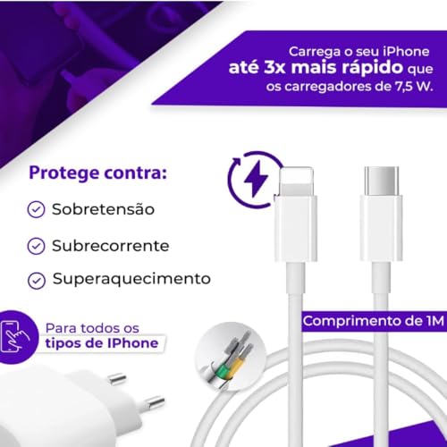 Kit Carregador Turbo Premium® 25W Porta USB-C + Cabo USB Tipo-C para Lightning Compatível com Todos