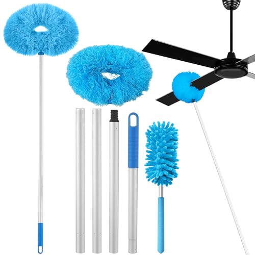 Ceiling Fan Cleaner Duster with Extension Pole, Fan Duster for Ceiling Fan Blades, Microfiber Duster for Cleaning for Cleaning High Ceiling, Furniture, Blinds (1, Blue)