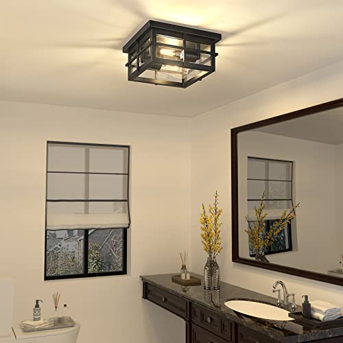 Asnxcju Modern Outdoor Ceiling Light Fixtures, 2-Light Black Flush Mount Light Fixtures with Clear Glass Shade, Farmhouse Square Ceiling Lighting for Porch Bathroom Kitchen (Bulbs Not Included) - Thumbnail 4