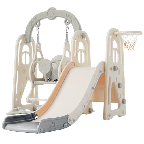 Image of Virubi 4-in-1 Slide with Swing Set, Freestanding Baby Slide Swing Set with Climber, Basketball Hoop, Indoor & Outdoor Toddler Slide & Swing Playset for Age