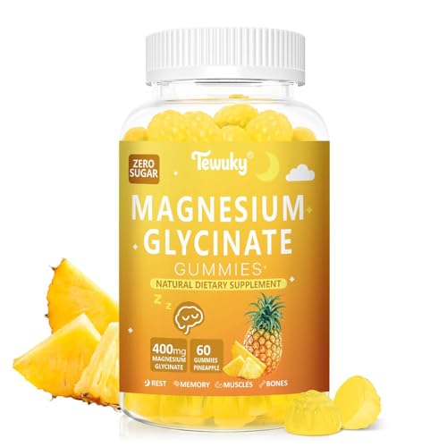 Magnesium Glycinate Gummies 400mg - Sugar Free Vegan Gummies for Adults & Kids with Vitamin D3, B6, C, CoQ10, Collagen, Zinc - Sleep, Muscle, Bone & Memory Support - 60 Pineapple Chewables