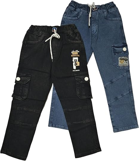Image of Boys Cargo Pants, Kids Cargo Jeans with Pockets, Adjustable Waist, Stretch Denim Casual Pants for Boys