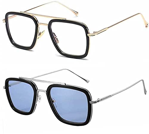 Tony Stark Sunglasses Vintage Square Metal Frame Eyeglasses for Men Women - Iron Man and Edith Sun Glasses (Blue & Clear)