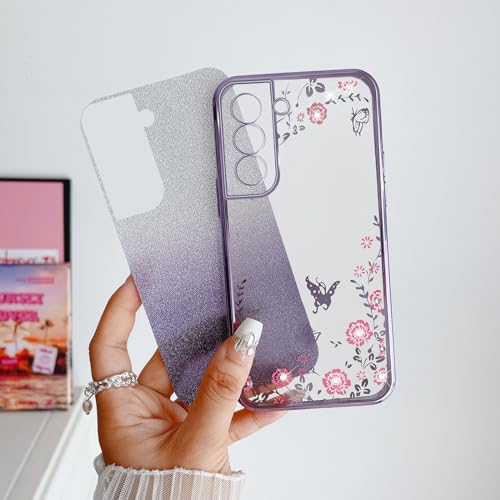 Image of for Samsung Galaxy S21 FE Case for Women Gradual Change Glitter Crystal Soft TPU Stylish Butterfly Floral Heart Clear Protective Cover with Strap for Samsung S21 FE (Purple)