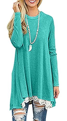 Andaa Women's Crew Neck Long Sleeve Lace Splicing Swing Shirt Dresses Long Tunic Blouses Shirts for Leggings Blue Green
