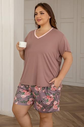 Image of Vozanet Women's Short Sleeve Top and Shorts Pajama Sets Plus Size V Neck Colorful Flower Nighty Loungewear With TWO Pockets