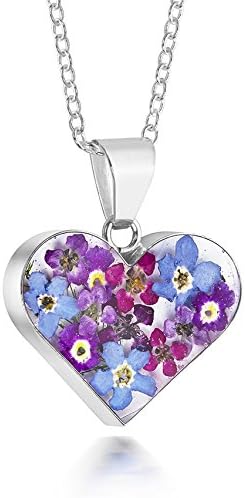 Sterling Silver Medium Heart Pendant Made With Real Flowers Purple Mix