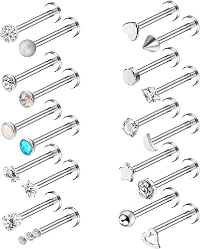 LOLIAS 20 Pcs Tragus Cartilage Forward Helix Stud Earrings for Women Men Monroe Labret Lip Nose Studs Stainless Steel CZ Balls Heart Flower Medusa Flatback Piercings Earrings 16G