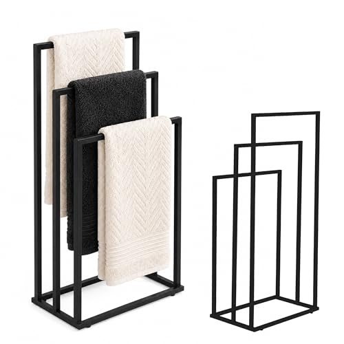 Porte-serviettes autoportant, en métal, moderne pour salle de bain, porte-serviettes au sol, avec barres décalées, pour salle de bain, buanderie et spa (noir, 3 barres)