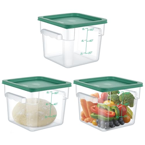 Image of Ziliny 3 Sets 6 Qt Square Food Storage Containers with Lids Dough Proofing Bucket Commercial Polycarbonate Containers with Scale Clear Airtight Cereal for Pantry Home Restaurant (Green)