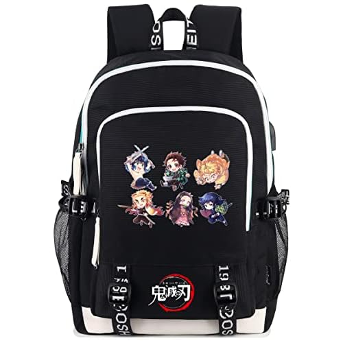 Roffatide Anime Demon Slayer Mochila Estampada Mochila para Portátil de 15,6 Pulgadas con Puerto de Carga USB y puerto para Auriculares Negro