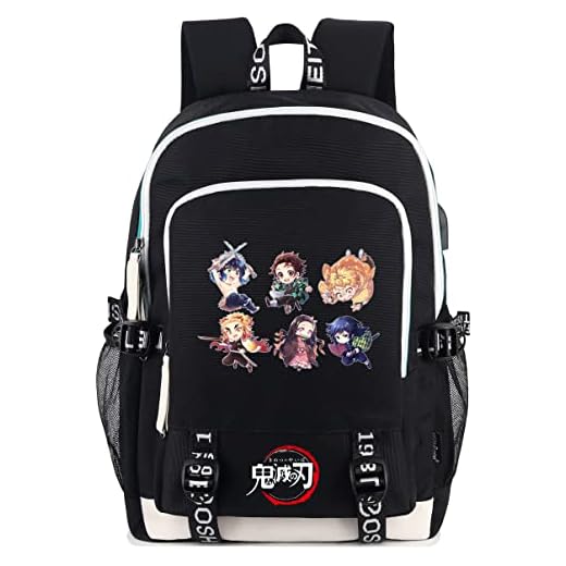 Roffatide Anime Demon Slayer Mochila Estampada Mochila para Portátil de 15,6 Pulgadas con Puerto de Carga USB y puerto para Auriculares Negro