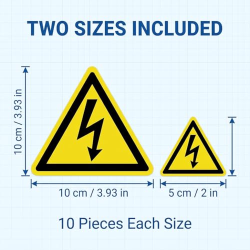 20 Stück Warnung vor elektrischer Spannung Aufkleber 5cm & 10cm, W012 Warnschilder Stromschlaggefahr nach DIN EN ISO 7010, Selbstklebend & Wetterfest für Sicherungskasten & Maschinen, Gelb Schwarz