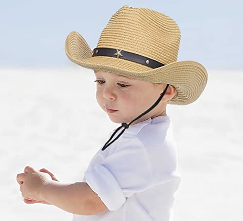 Kid-Straw-Western-Cowboy-Hat with Wind-Lanyard - Summer-Hat Sun-Hat Cowboy-Cowgirl-Style UPF 50+ Beach Hat 5-9 Years4