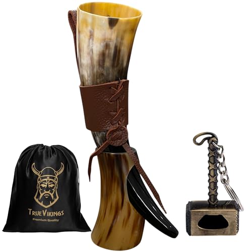 TRUE VIKING Drinking Horn - Viking Gifts for Men & Women | with Thor Bottle Opener & Stand | 100% Handmade & Real Ox Horns | Norse Viking Cup Perfect for Beer Ale Mead Whiskey (10-12 Oz)