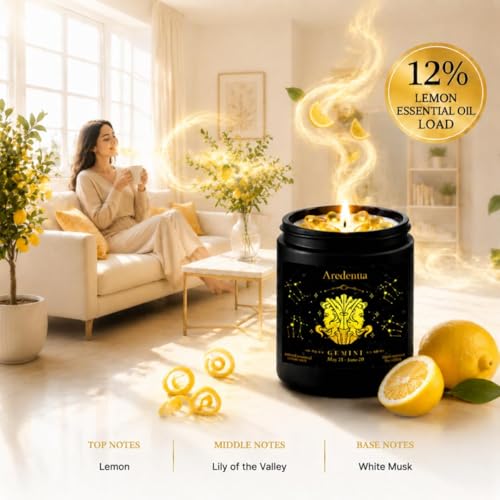 Image of Gemini Zodiac Candles, Lemon Scented Candle with Citrine Crystals