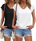KKJ Womens Tank Tops Cap Sleeve U Neck Tops 2026 Summer Spring Casual Tee Trendy T Shirts Beach Vacation Fashion Clothes,Black+White,S