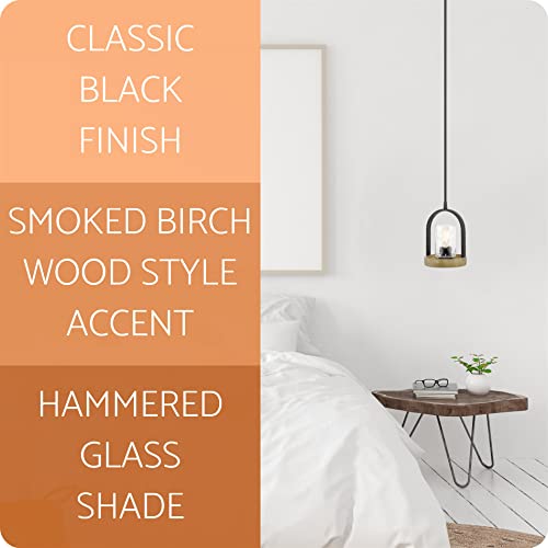 Kira Home Brea 12" Modern Farmhouse 1-Light Pendant Light + Hammered Glass Cylinder Shade, Black + Smoked Birch Style Wood Finish #TOP3
