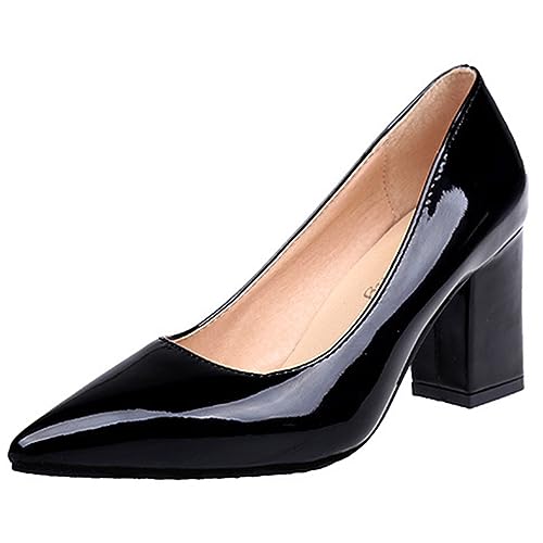 Escarpins en Cuir Verni à Talons carrés de 7.5cm pour Femmes, Chaussures Classiques à Bout Pointu, Escarpins de fête, Grande Taille,Noir,43 EU