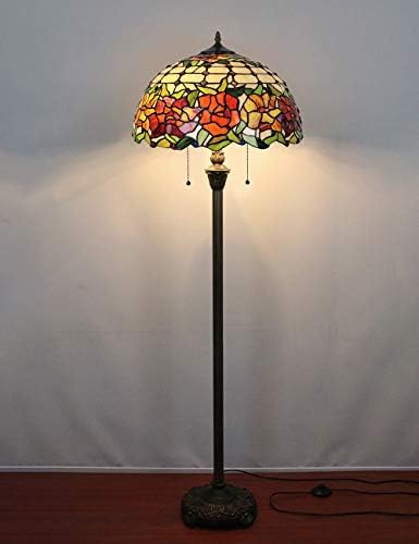 Gweat Tiffany Style 16 Inch Rose Stained Glass Lampshade Tall Floor Lamp Reading Lighting Art Deco Bedroom Living Room Study Restaurant Standing Lamp Gifts -2 Zipper Lamp Socket + Pedal Switch