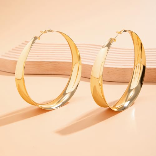 Chunky Gold Silver Hoop Earrings for Women Wide Flat Huggie Hoops Dangle Earrings Big Large Punk Smooth Surface Statement Earrings Fashion Jewelry2