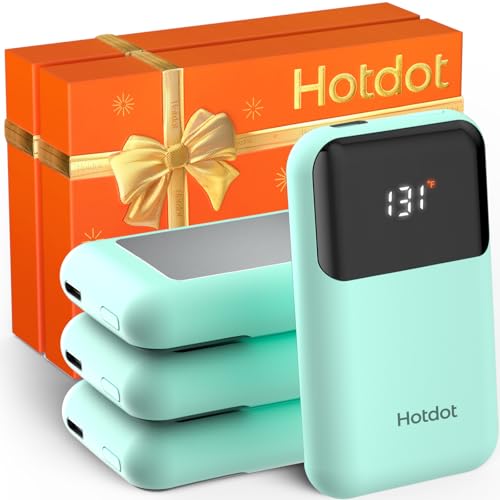 Hotdot Hand Warmers Rechargeable with Gift Box, 4 Pack Electric Hand Warmer with LED Display Battery and Temperature, 4 Heating Levels Portable Hot Hands, for Men, Women, Hunting Cyan