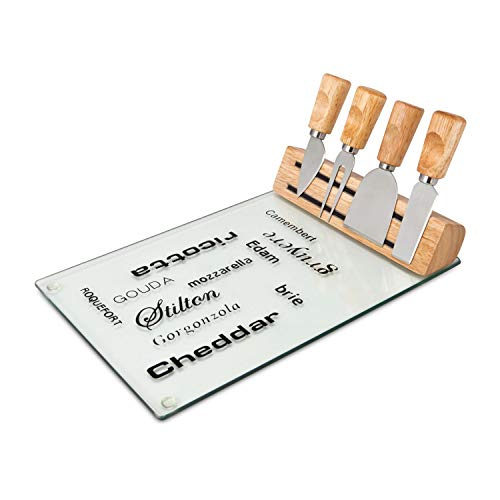 ROMINOX Gifts Cheese Set // Vetro - Accessoires à fromage faciles d'entretien 5 pièces : plaque de verre, corps en bois avec support magnétique, 4 pièces de couverts à fromage; environ 30 x 20 x 12 cm