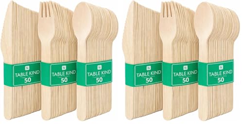Table Kind 150 x Großpackung Besteck aus Holz, biologisch abbaubar, Messer, Gabeln, Löffel, perfekt für Geburtstagspartys, Camping… – Ansicht 1