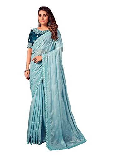 Sari indien de mariage bleu en soie brillante à paillettes avec tissu pour chemisier 3860