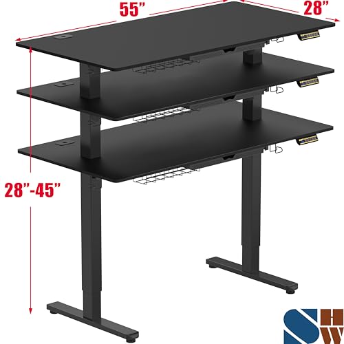 Image of SHW 55 x 28 Inches Electric Height Adjustable Standing Desk with Drawer and Memory Preset, Black
