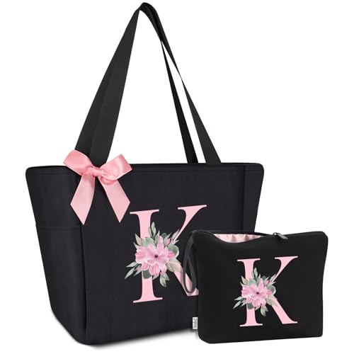 Vavabox A-Z Initial Personalized Tote Bag, Waterproof Gifts for Women, Bridesmaids, Mom, Teachers, Friends (03-Black Set, K)