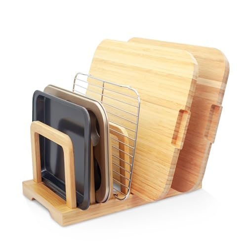 MinBoo Bamboo 5-Slot Adjustable Cutting Board Rack & Bakeware Organizer