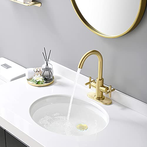 Brushed Gold Bathroom Sink Faucet, 4 Inch Centerset Bathroom Faucet, Fit For Single Or 3 Hole, With Rotatable Swivel 360 Degree Spout, Pop Up Drain And Water Supply Line By Phiestina, Sgf0310-Bg #TOP1