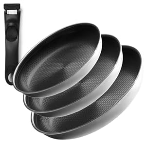 Set di padelle da 3 pezzi, 24 cm, 26 cm e 28 cm, con manico rimovibile, antiaderente a induzione, pentole salvaspazio, lavabile in lavastoviglie e senza PFAS