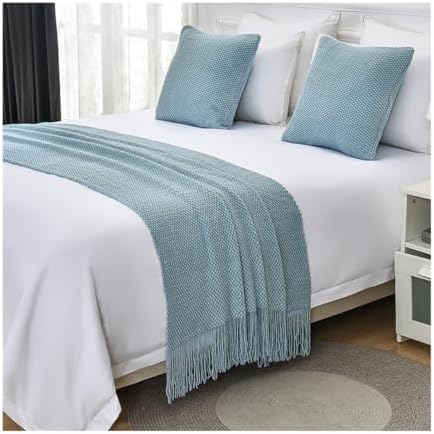 Knit Bed Runner with Tassels & Pillowcases for King Size Bed, 260×65cm Beige Throw Blanket Set, Decorative End of Bed Scarf for 1.8m Beds