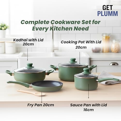 Image of Get Plumm Non-Stick Ceramic Cookware Set | Cooking Pot, Kadhai, Fry Pan & Sauce Pan | 20-20-20-16cm | Induction & Gas Compatible | Emerald Green