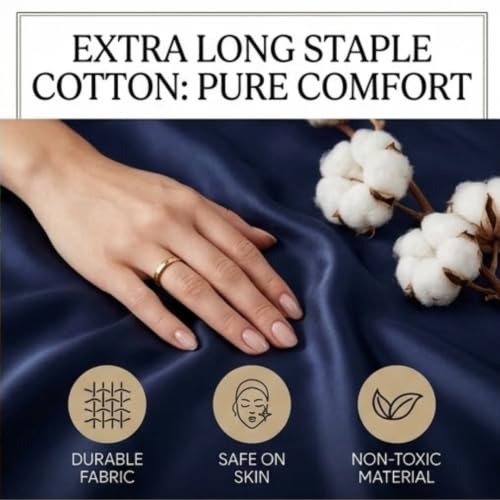 Image of Egyptian Cotton Feel Double Size Flat Bedsheet with 2 Pillow Covers | 800 TC Soft & Breathable | Navy Blue Solid Pattern for Bedrooms and Hotels Use (Size: 60 x 100 Inch)