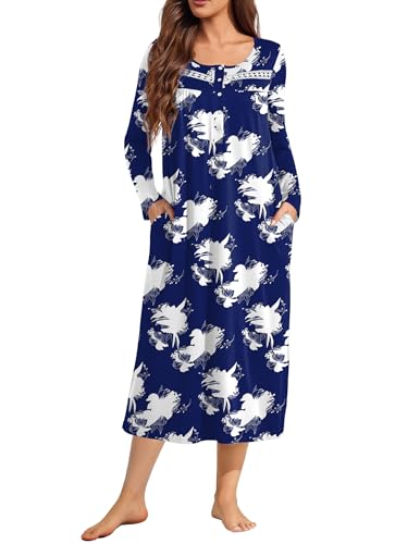 Ekouaer Long Sleeve Nightgowns for Women Long Sleepshirts Button Night Gowns Full Length Sleepwear with PocketsFloral Navy BlueM