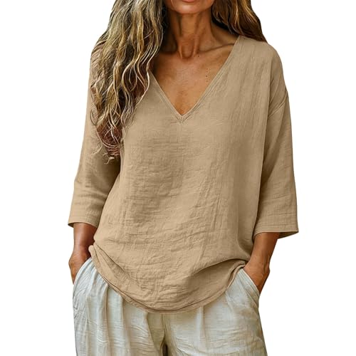 Cruise Wear for Older Women Womens Summer Tops Casual Linen Cotton Tunic Blouse 3/4 Sleeve Peasant Gauze Shirts V Neck Loose Fit Beach Vacation Tees 2026 Resort Wear Khaki