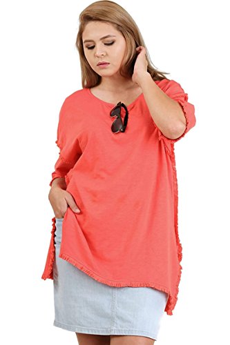 Umgee Women s Fringed Hem High Low Tunic Top (XL, Strawberry)
