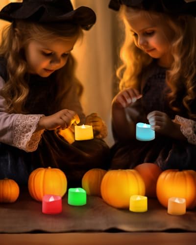 Homemory Multi Color Changing Tea Lights Battery Operated, 7-Color Changing LED Plastic Holiday Candles for Halloween, Pumpkin, Ofrenda, Christmas, Party, Dia1.5'' x H1.3'', 24-Pack [White Base]