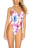 RELLECIGA Damen Monokini One-Piece String Thong Bikini High Cut Badeanzug Poppy Flowers S
