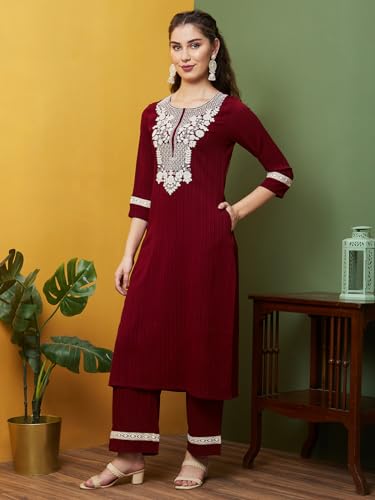 Image of Globus Women Kurta Set (3640924001 Maroon S)