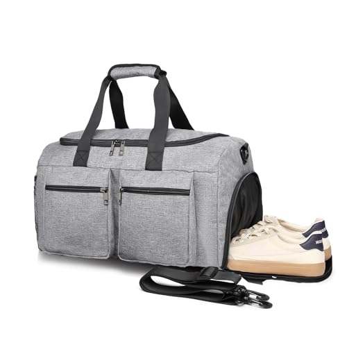 Gym Bag for Men Women, Fitness Workout Sports Bag with Wet Pocket & Shoes Compartment, Weekender Overnight Bag Travel Duffel Bag Carry On Gym Duffle Bag-Grey