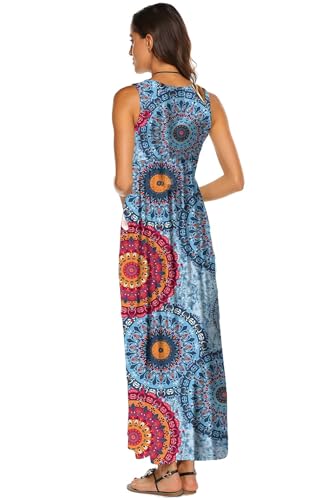 BDTECAOR Sommerkleid Damen Lang Strand Boho Maxikleid mit Taschen Blumenmix Blau XXL 3