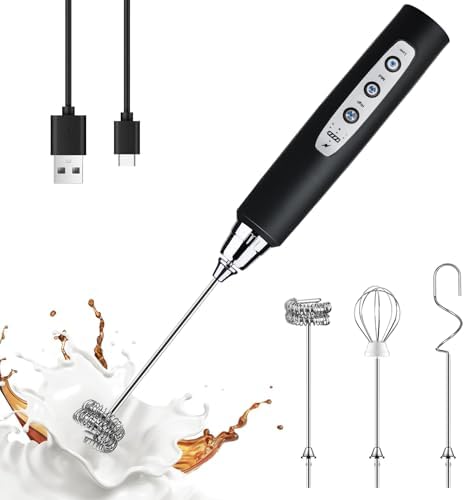 YUSWKO Handheld Milk Frother Wand for Coffee, Rechargeable Electric Whisk with 3 Heads 3 Speeds Drink Mixer Coffee Frother For Latte, Cappuccino, Hot Chocolate, Egg, Black