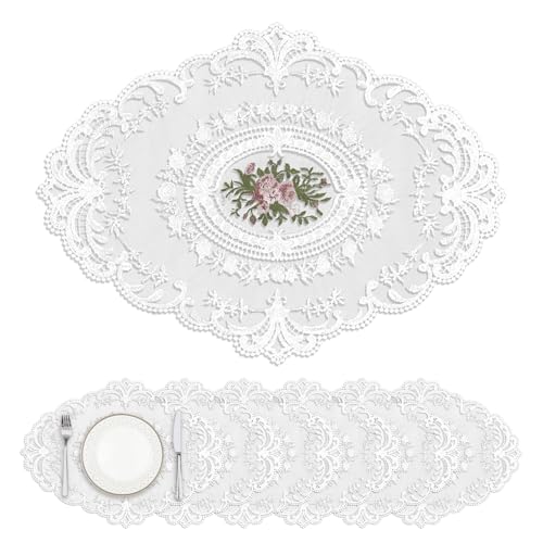 Privalace 18 x 12 inch Set of 6 Lace Oval Placemats Vintage Floral Embroidered Washable Table Mats, Retro French Crochet Doilies Cup Mat for Wedding Tea Party, White